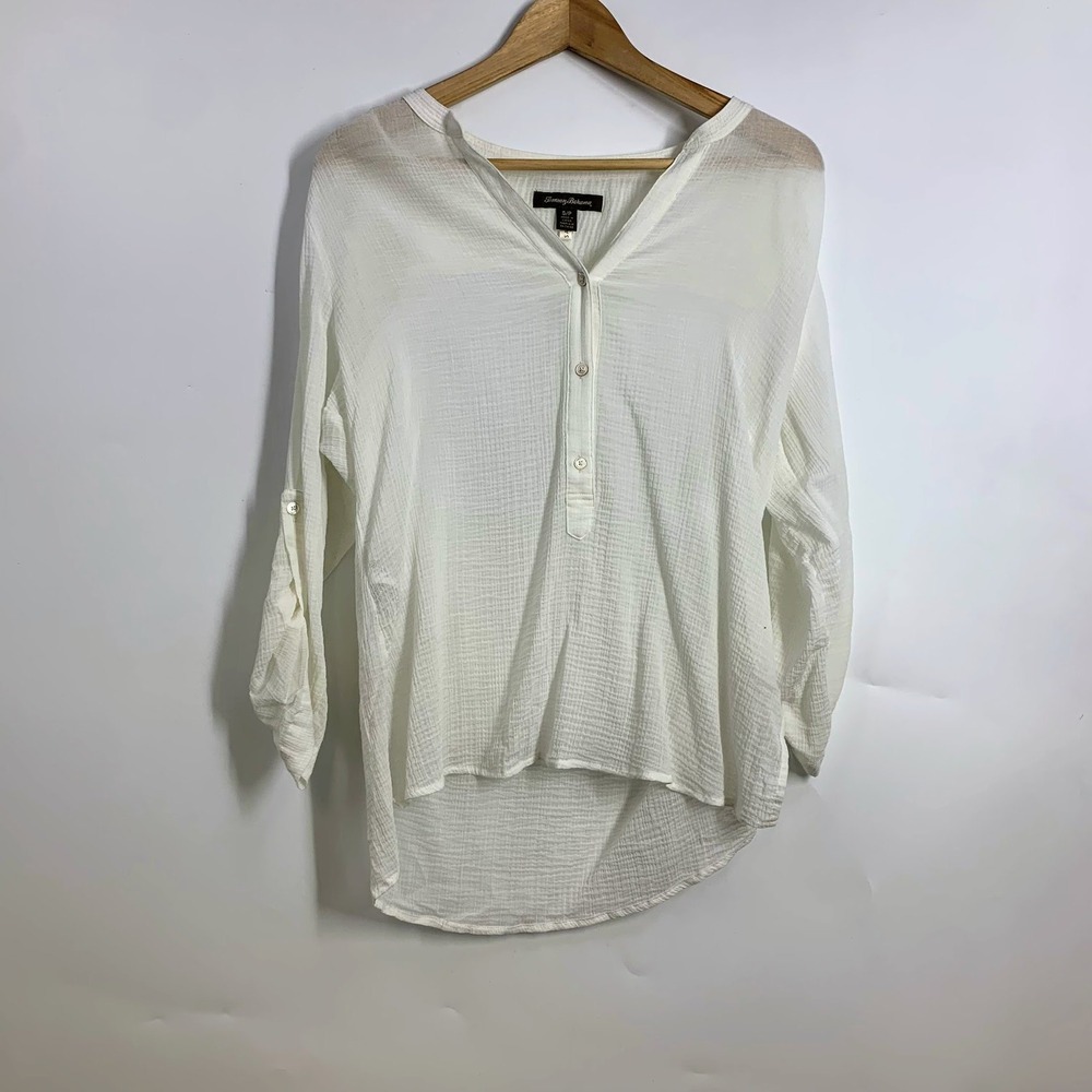 Tommy Bahama White‎ Linen Blend Gauze Roll Tab Sleeve V Neck Tunic Top S